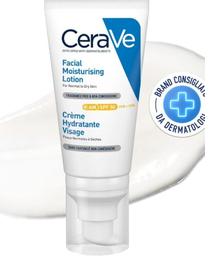 لوشن سيرافي النهاري المرطب للوجه SPF50 للبشرة العادية إلى الجافة: ترطيب يومي مع حماية عالية من الشمس